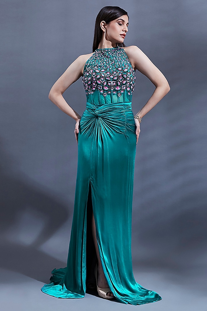 Peacock Green Satin Georgette & Net Hand Embroidered Draped Corset Gown by Dhwaja