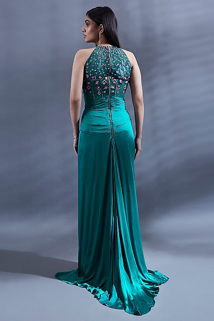 slim fit dress slacks Zapaka Women Peacock Blue Long Prom Dress with Streamer Mermaid Strapless Corset Evening Party Dress with Slit, Peacock Blue / US18W