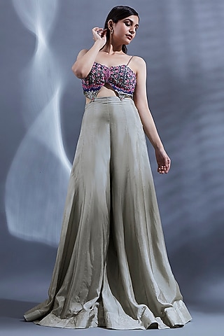 Grey Viscose Hand Embroidered Cut-Out Jumpsuit by Dhwaja
