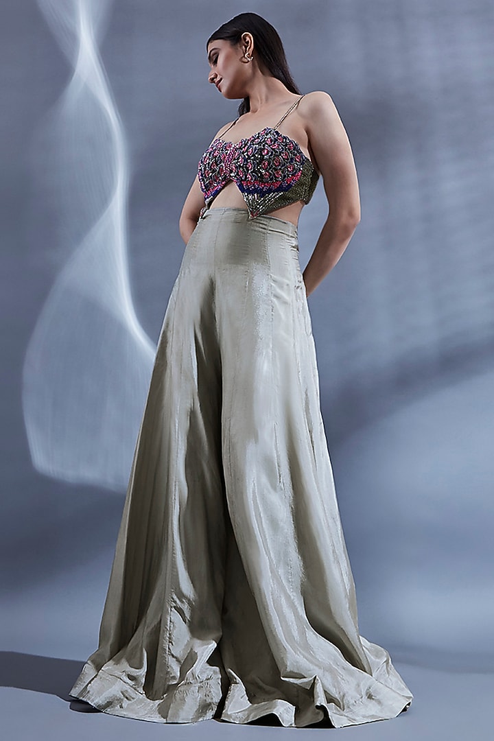Grey Viscose Hand Embroidered Cut-Out Jumpsuit by Dhwaja at Pernia's Pop Up Shop