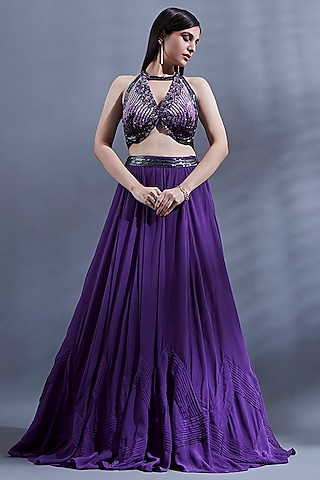 Purple Crepe Lehenga set by Dhwaja