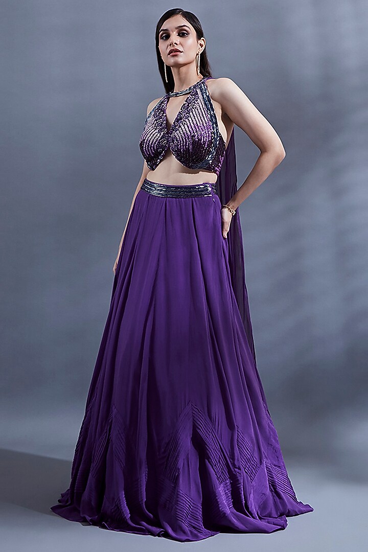 Purple Crepe Wedding Lehenga set by Dhwaja at Pernia's Pop Up Shop