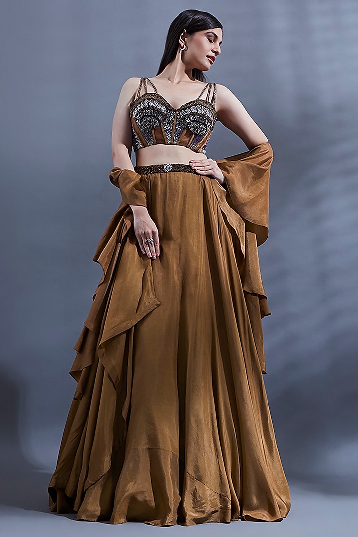 Brown Flat Silk Wedding Lehenga Set by Dhwaja at Pernia's Pop Up Shop