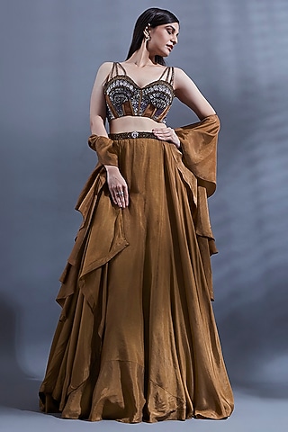 Brown Flat Silk Lehenga Set by Dhwaja