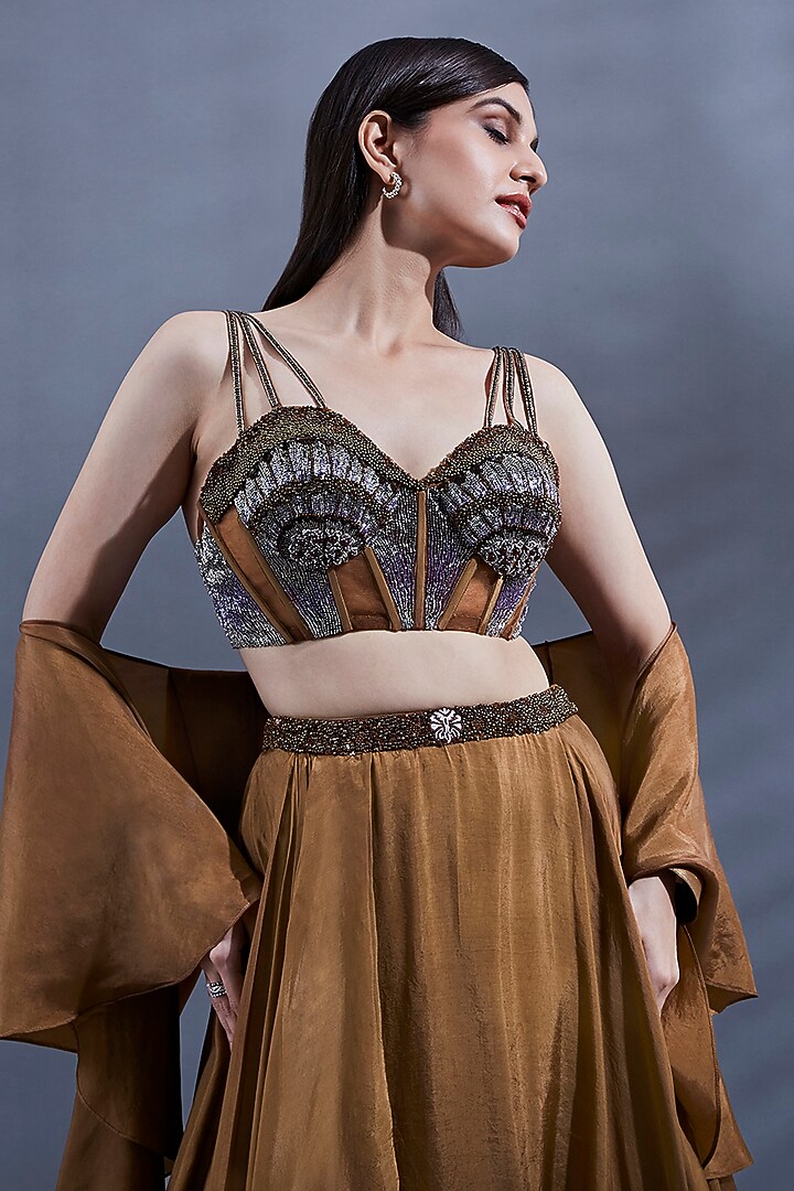 Brown Flat Silk Wedding Lehenga Set by Dhwaja at Pernia's Pop Up Shop
