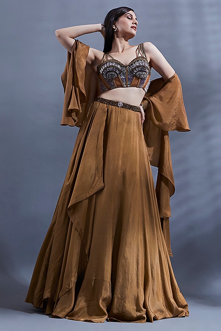 Brown Flat Silk Wedding Lehenga Set by Dhwaja at Pernia's Pop Up Shop