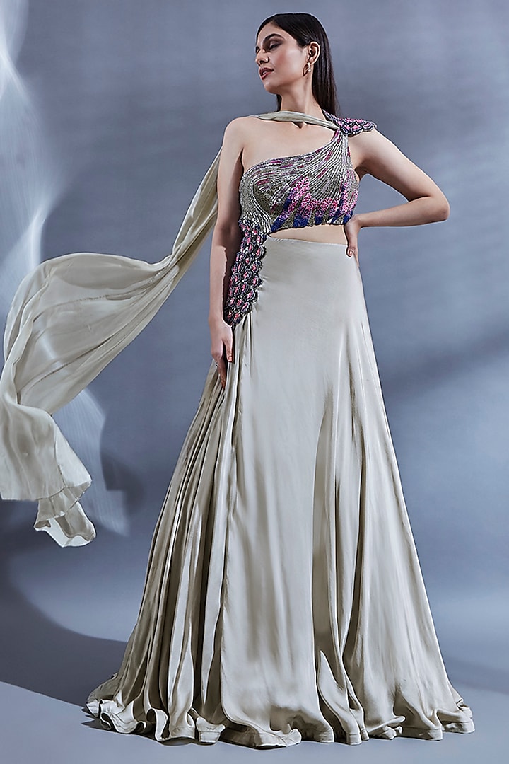 Grey Satin Georgette & Net Hand Embroidered One-Shoulder Gown by Dhwaja