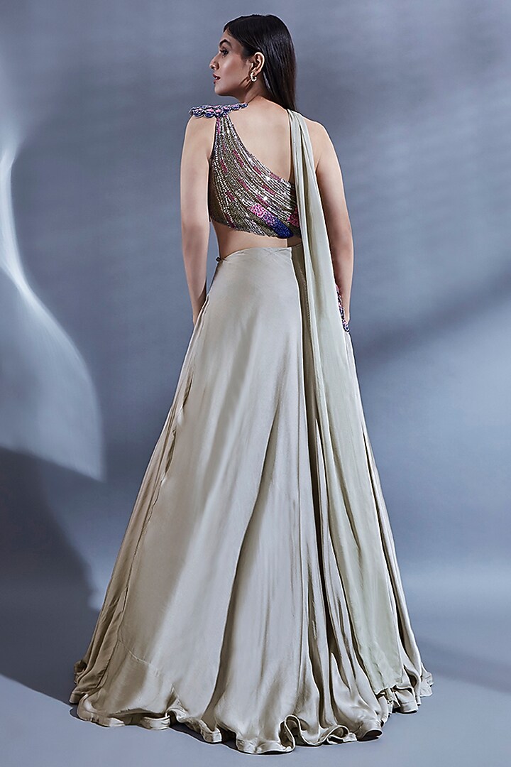 Grey Satin Georgette & Net Hand Embroidered One-Shoulder Engagement Gown by Dhwaja at Pernia's Pop Up Shop