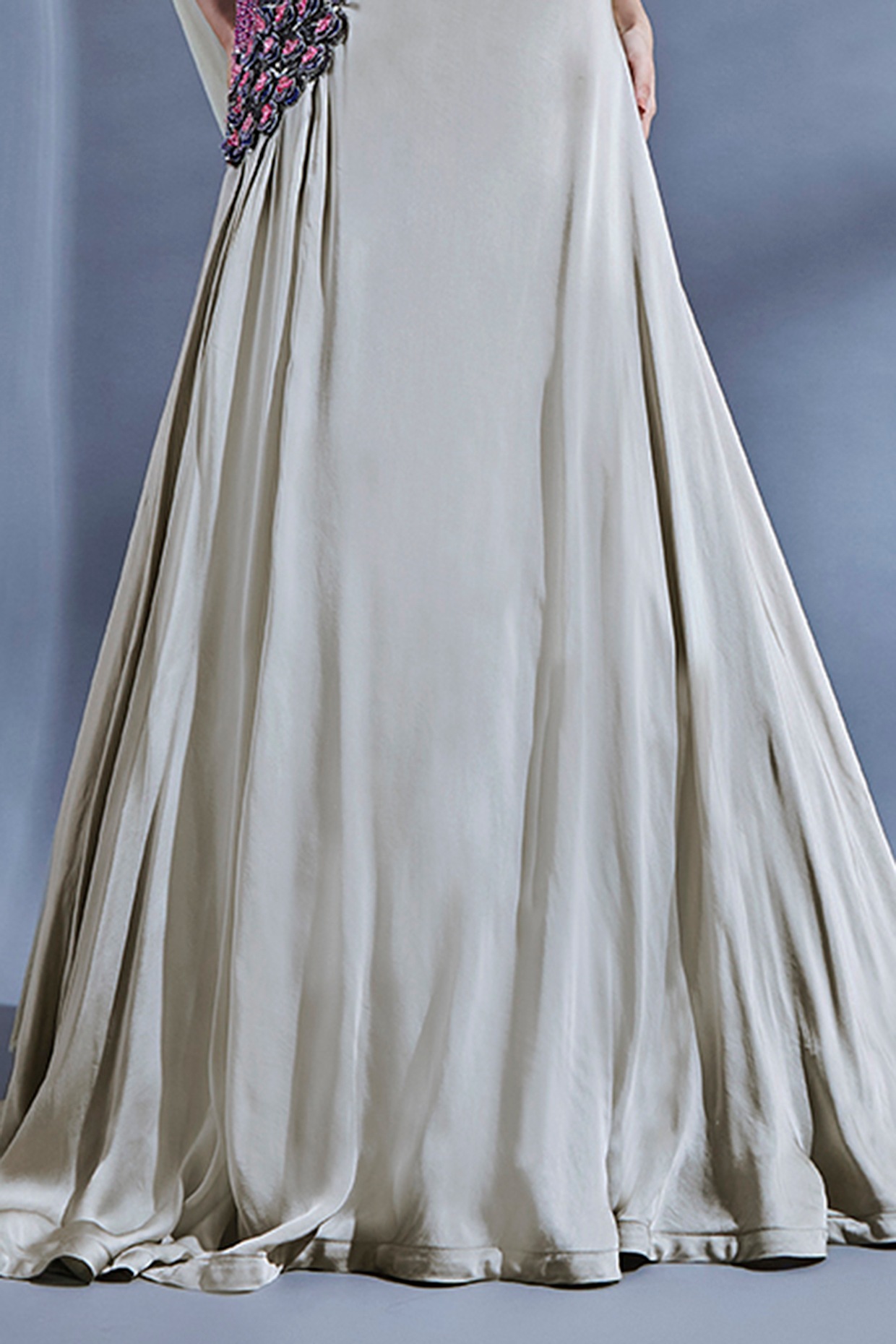 Grey Satin Georgette & Net Hand Embroidered One-Shoulder Gown