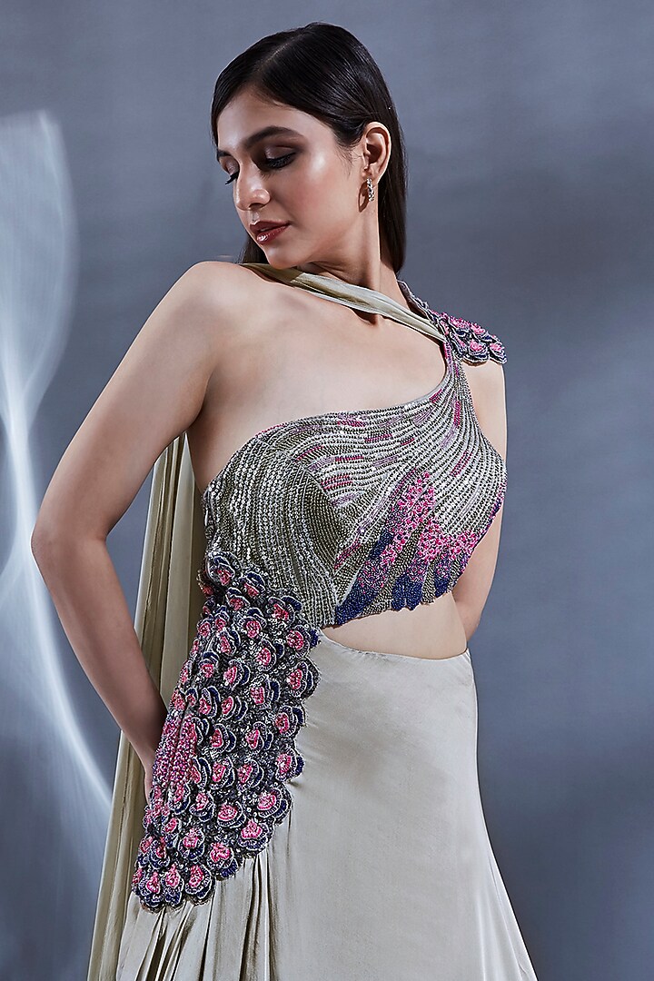 Grey Satin Georgette & Net Hand Embroidered One-Shoulder Engagement Gown by Dhwaja at Pernia's Pop Up Shop