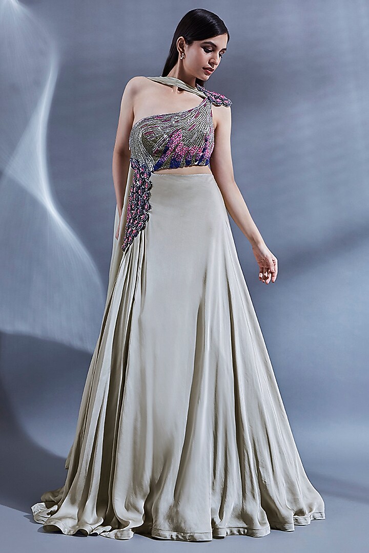 Grey Satin Georgette & Net Hand Embroidered One-Shoulder Engagement Gown by Dhwaja at Pernia's Pop Up Shop