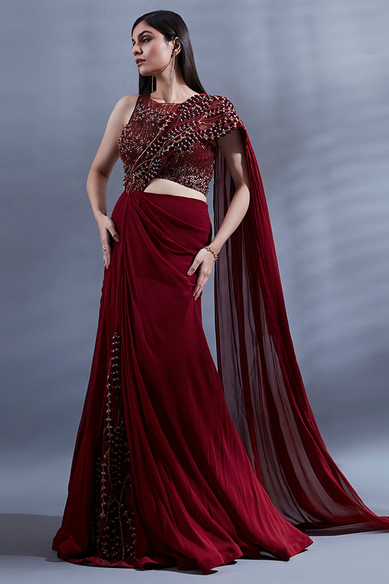 Festive, Mehendi Sangeet, Reception Red and Maroon color Georgette fabric  Saree : 1873421