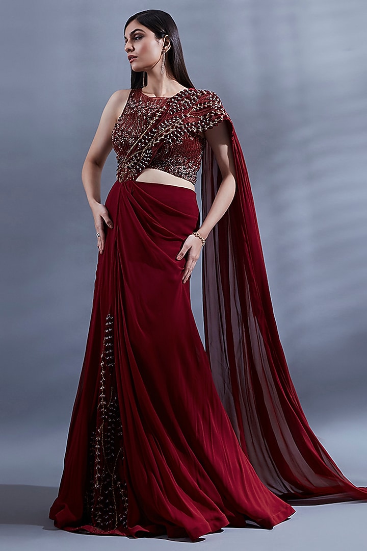 Maroon Georgette Embellished Draped Saree Set by Dhwaja