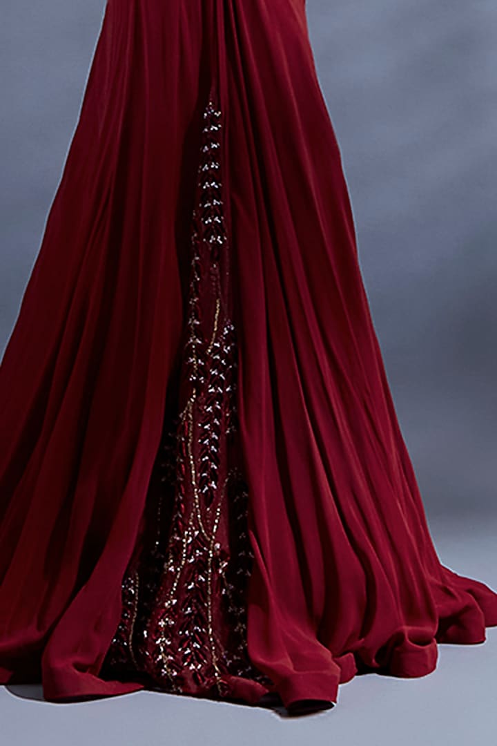 Maroon Georgette Embellished Draped Wedding Saree Set by Dhwaja at Pernia's Pop Up Shop