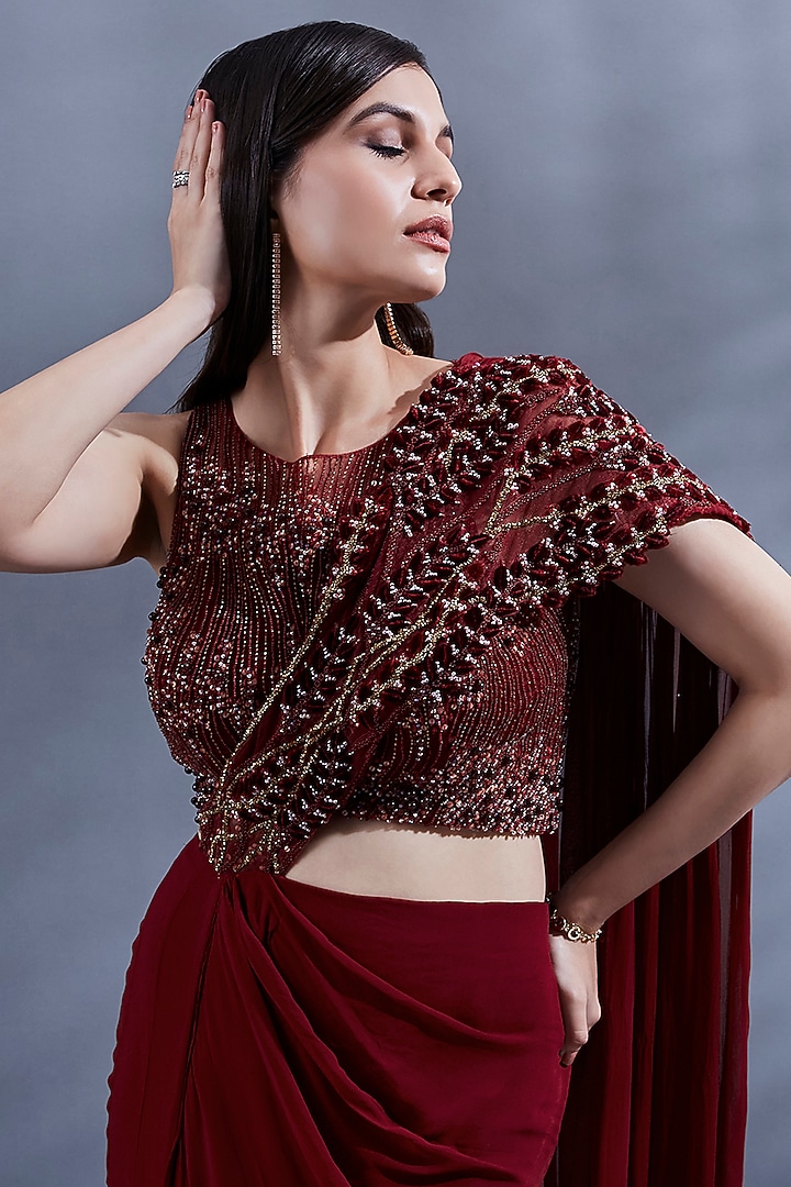 Maroon Georgette Embellished Draped Wedding Saree Set by Dhwaja at Pernia's Pop Up Shop