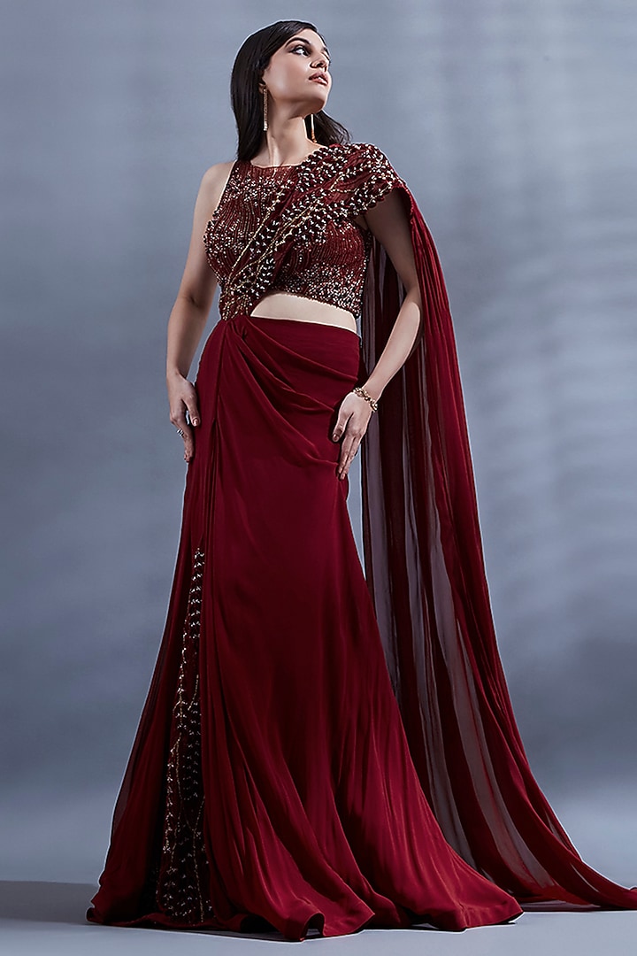 Maroon Georgette Embellished Draped Wedding Saree Set by Dhwaja at Pernia's Pop Up Shop