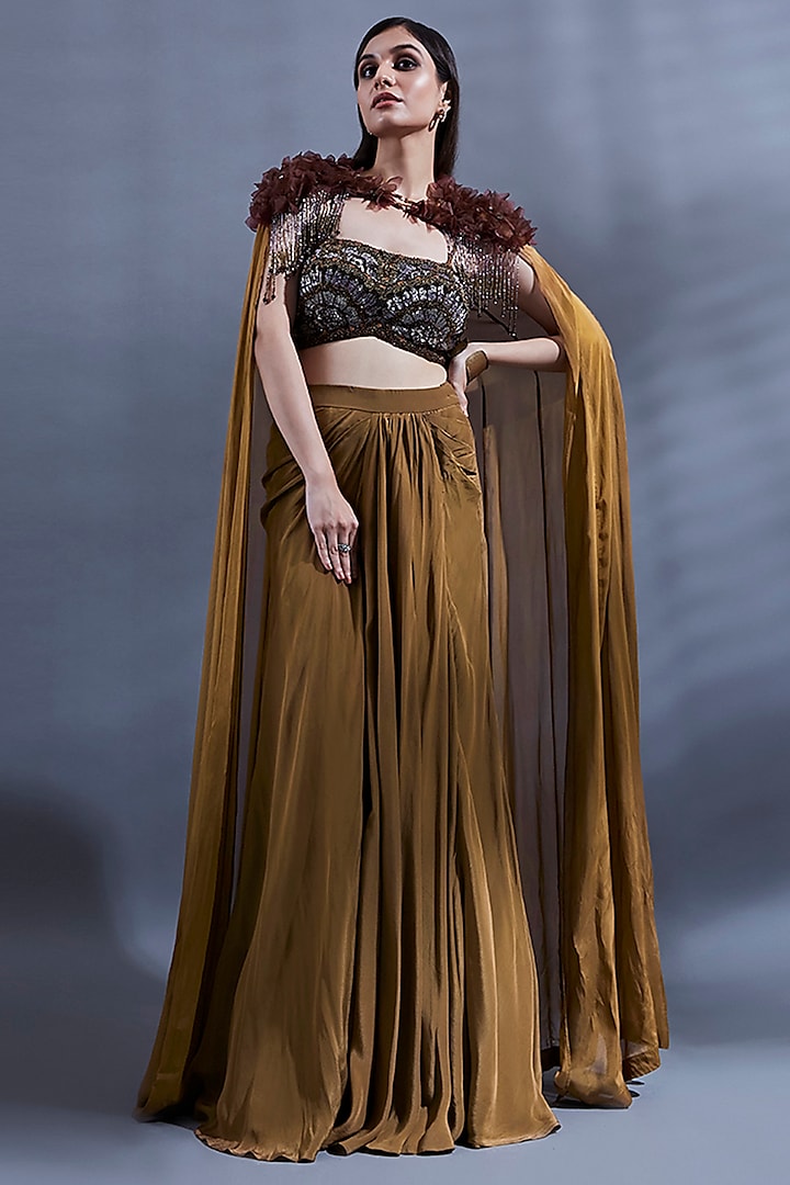 Brown Georgette 3D Embellished Cape Set by Dhwaja at Pernia's Pop Up Shop