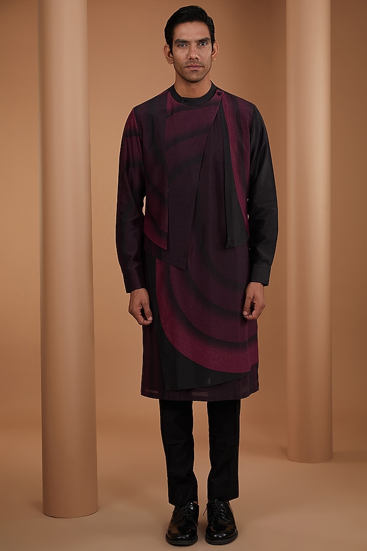 Black Cotton Silk Chanderi Printed Kurta Set by Dhruv Vaish