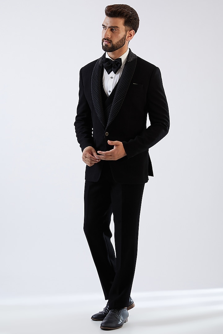 Black Terry Rayon Tuxedo Set by Dhananjay