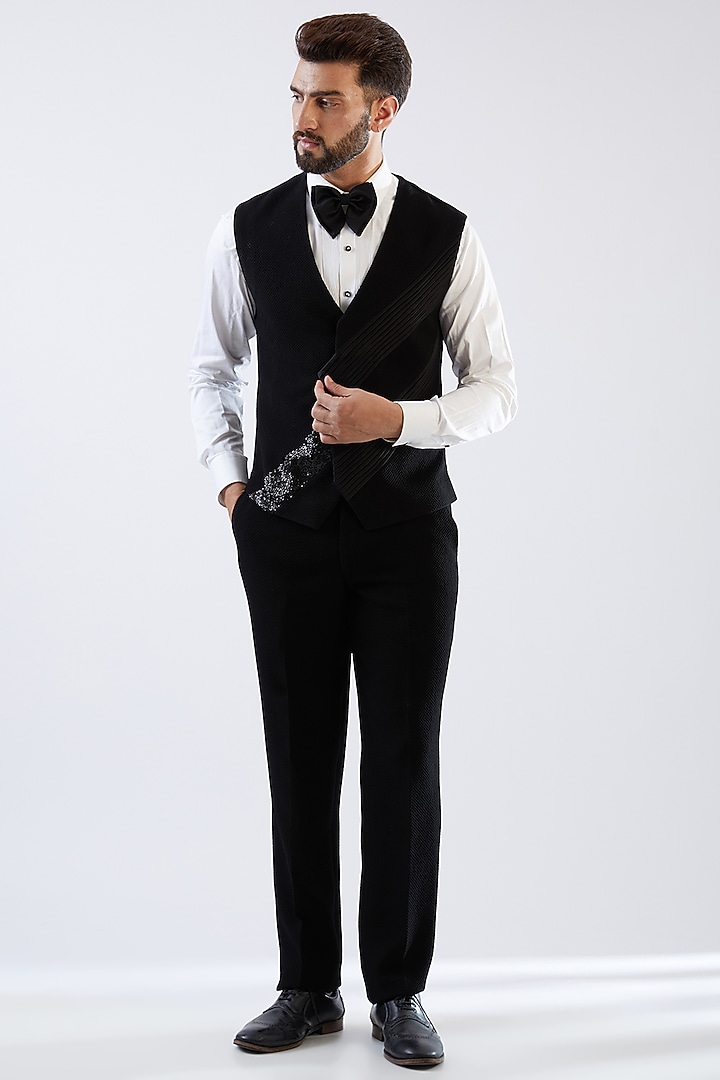 Black Terry Rayon Tuxedo Set by Dhananjay at Pernia's Pop Up Shop