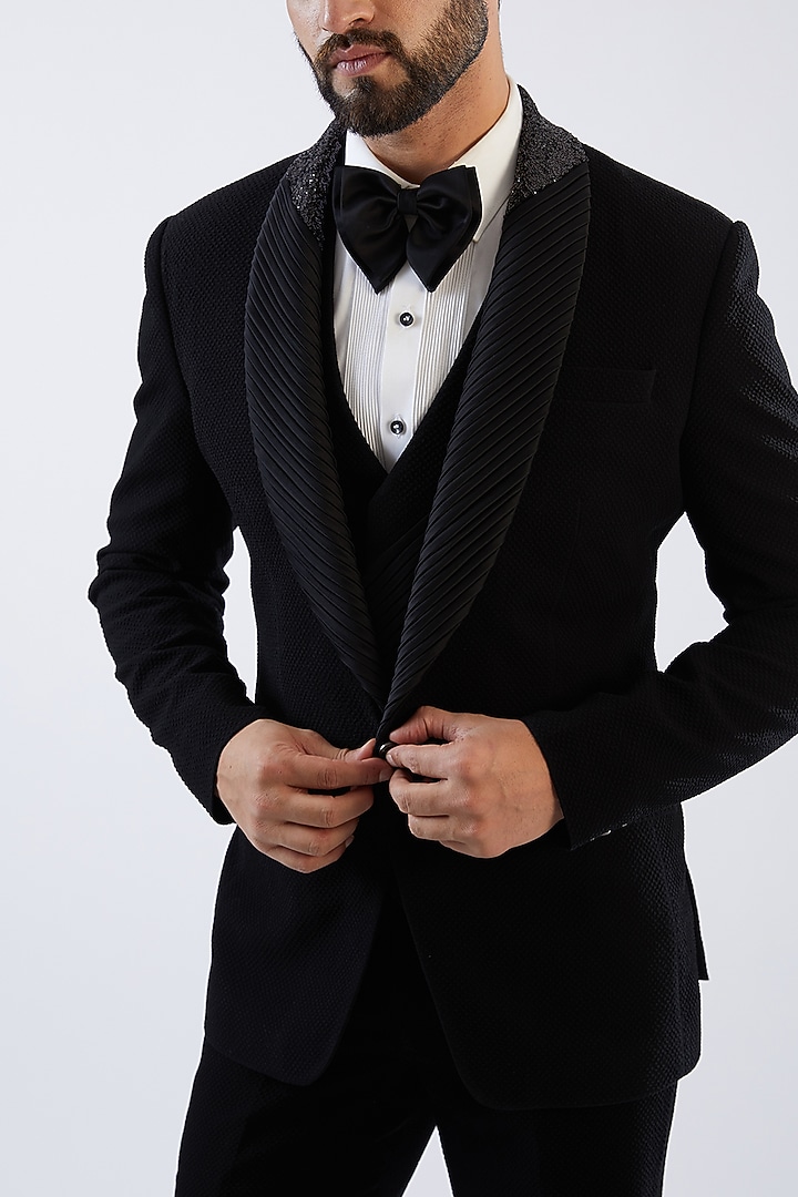 Black Terry Rayon Tuxedo Set by Dhananjay at Pernia's Pop Up Shop