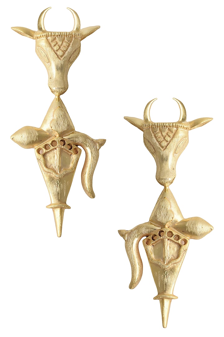 Gold Finish Holy Cow Weapon Earrings by Dhora