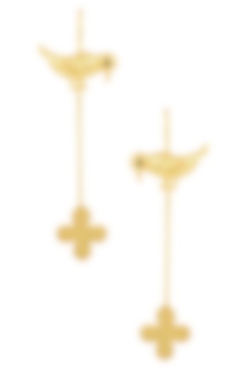 Dhora presents Gold finish parakeet and floral motif earrings available only at Pernia's Pop Up Shop.