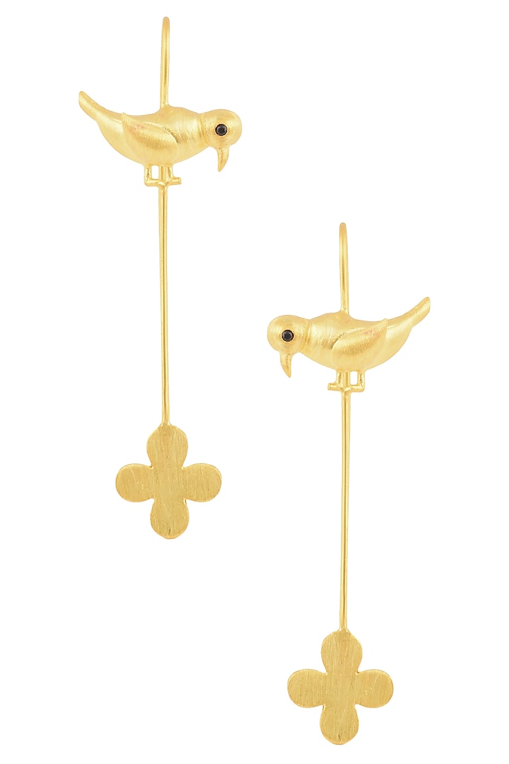 Gold Finish Parakeet and Floral Motif Earrings by Dhora
