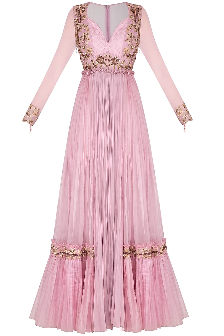 Lavender Hand Embroidered & Pleated Wedding Anarkali Style Jumpsuit by NIKITA KANODIA GUPTA at Pernia's Pop Up Shop