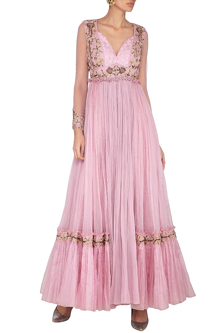 Lavender Hand Embroidered & Pleated Wedding Anarkali Style Jumpsuit by NIKITA KANODIA GUPTA at Pernia's Pop Up Shop