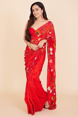 Orange Organza Kalamkari Saree Set by DHRUVI PANCHAL