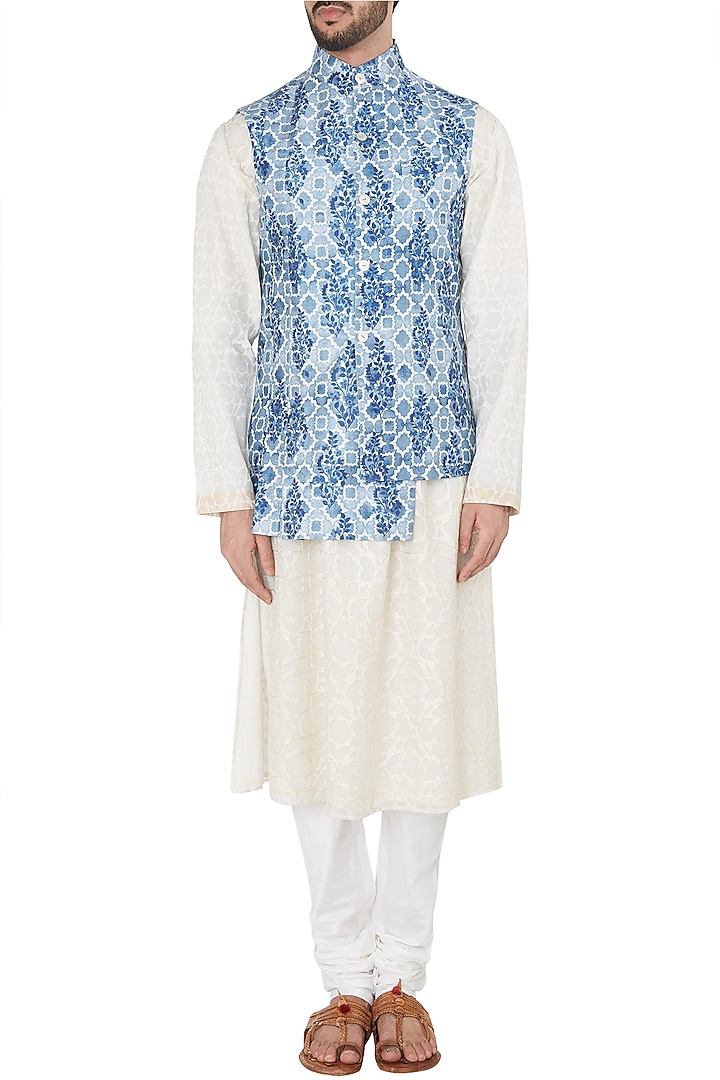 Antique blue asymmetrical digital printed nehru jacket available only at Pernia's Pop Up Shop.