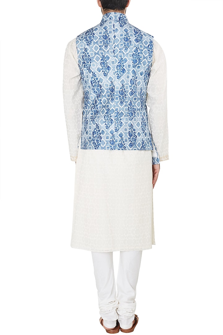Antique blue asymmetrical digital printed nehru jacket available only at Pernia's Pop Up Shop.