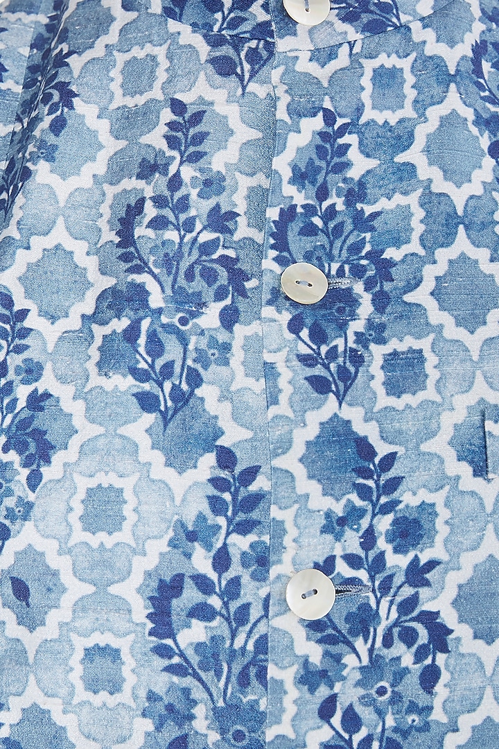 Antique blue asymmetrical digital printed nehru jacket available only at Pernia's Pop Up Shop.