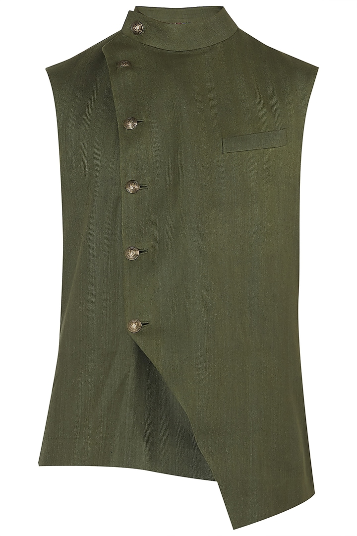 Moss Green Overlap Nehru Jacket by Dhruv Vaish