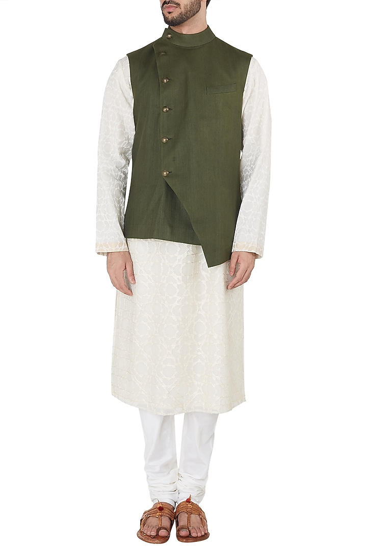 Moss green overlap nehru jacket available only at Pernia's Pop Up Shop.
