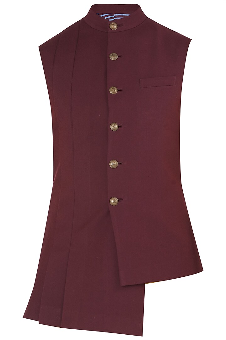 Burnt ruby asymmetrical nehru jacket available only at Pernia's Pop Up Shop.