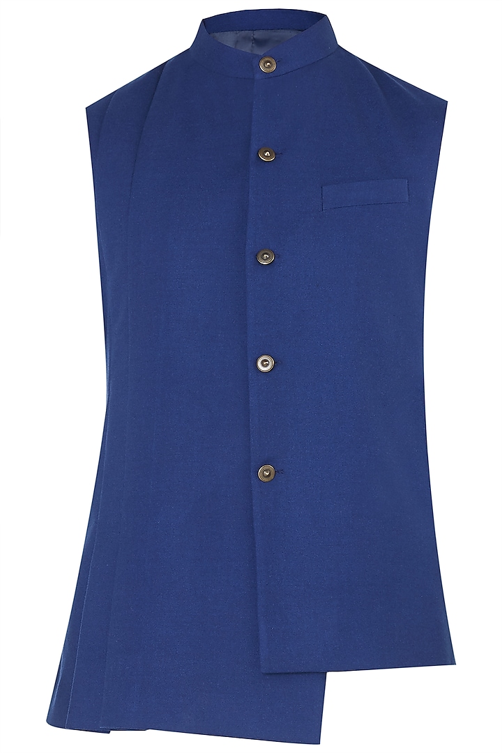 Ink Blue Asymmetrical Nehru Jacket by Dhruv Vaish