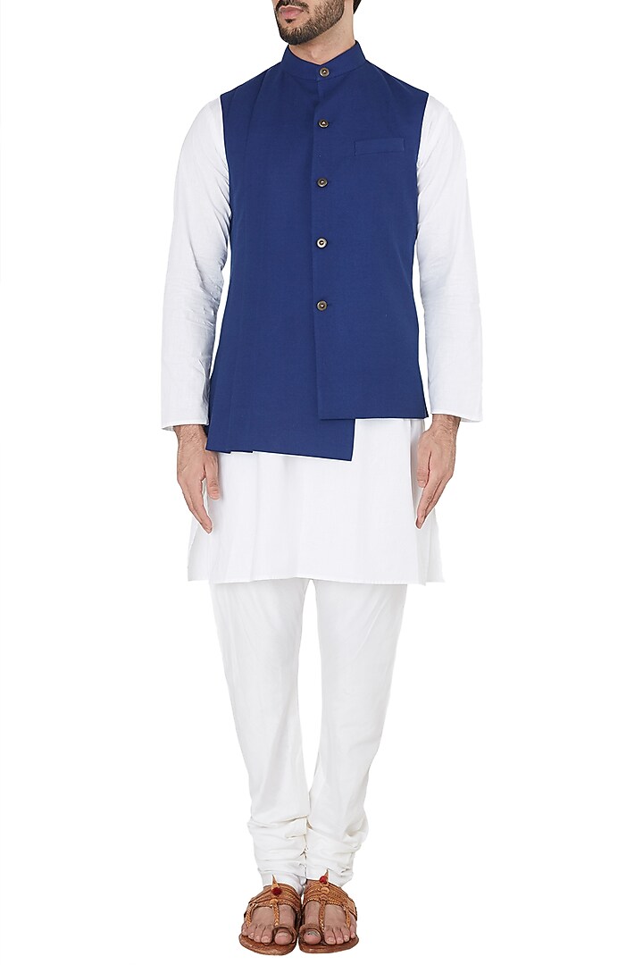 Ink blue asymmetrical nehru jacket available only at Pernia's Pop Up Shop.