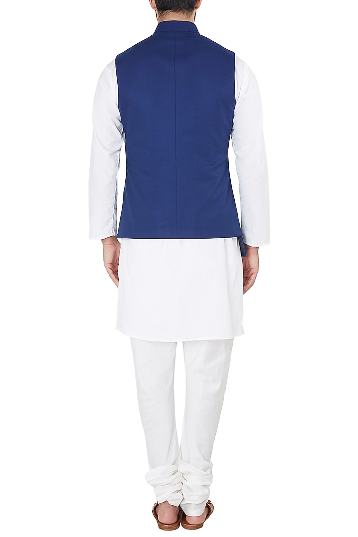 Ink blue asymmetrical nehru jacket available only at Pernia's Pop Up Shop.