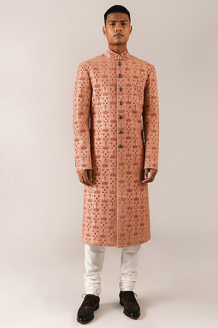 Sandrose Velvet Patchwork Embroidered Groom Sherwani Set by Dhruv Vaish at Pernia's Pop Up Shop