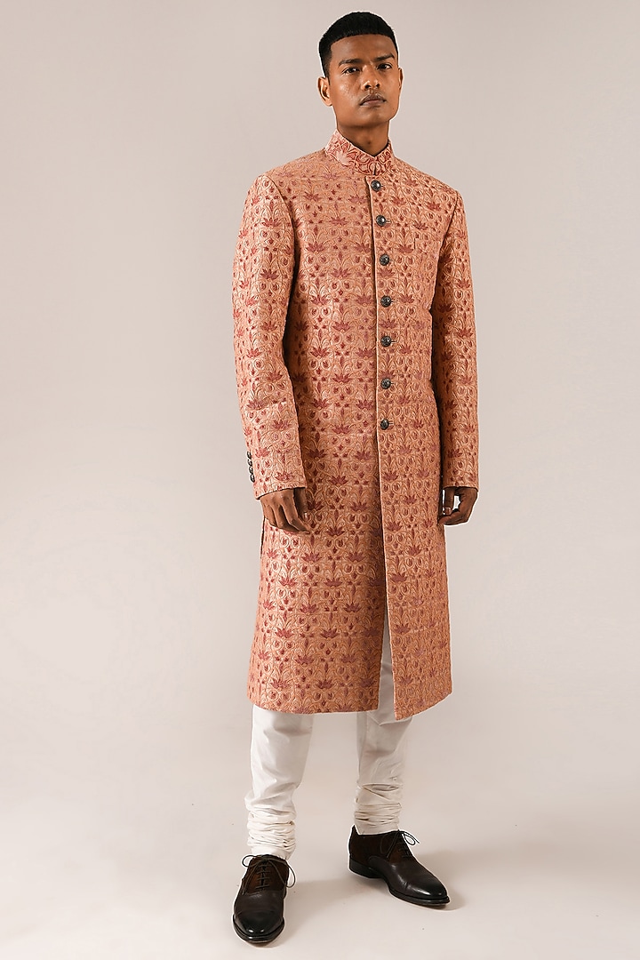 Sandrose Velvet Patchwork Embroidered Groom Sherwani Set by Dhruv Vaish at Pernia's Pop Up Shop