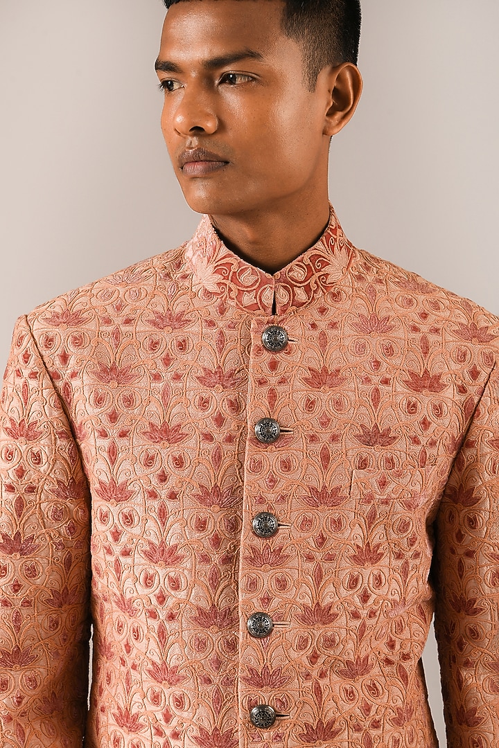 Sandrose Velvet Patchwork Embroidered Groom Sherwani Set by Dhruv Vaish at Pernia's Pop Up Shop