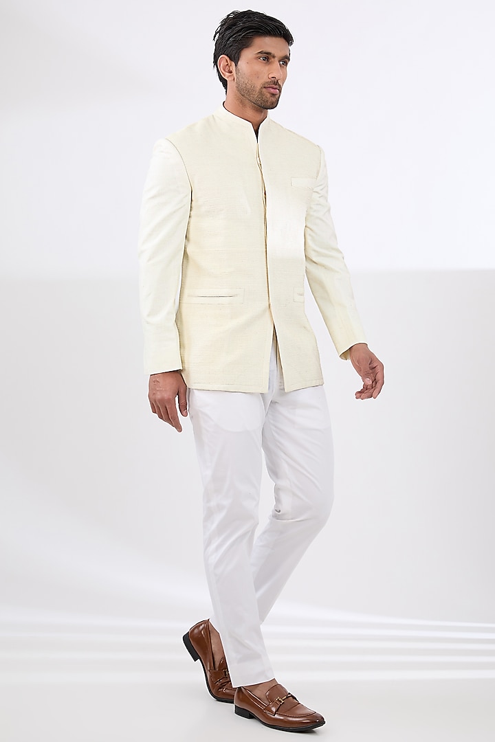 Ivory Bandhgala Jacket With Pintucks by Dhruv Vaish