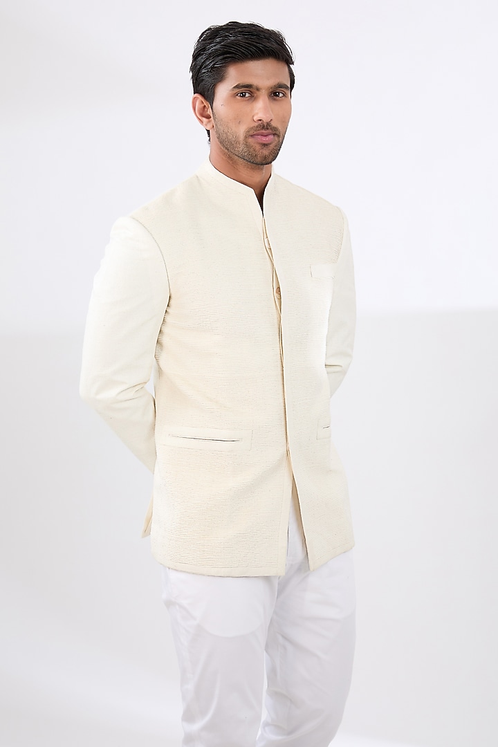 Ivory Silk Wedding Bandhgala by Dhruv Vaish at Pernia's Pop Up Shop