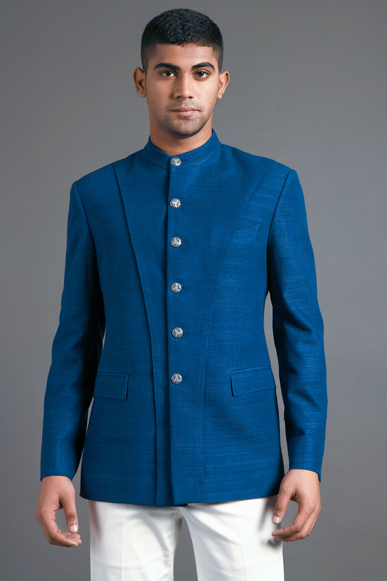 Indigo Blue Wedding Bandhgala Jacket With Panel Detailing by Dhruv Vaish at Pernia's Pop Up Shop