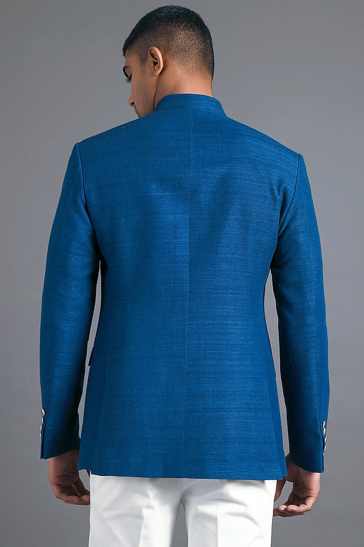 Indigo Blue Silk Paneled Wedding Bandhgala by Dhruv Vaish at Pernia's Pop Up Shop