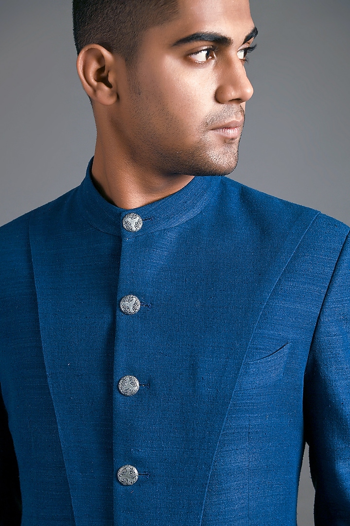 Indigo Blue Silk Paneled Wedding Bandhgala by Dhruv Vaish at Pernia's Pop Up Shop