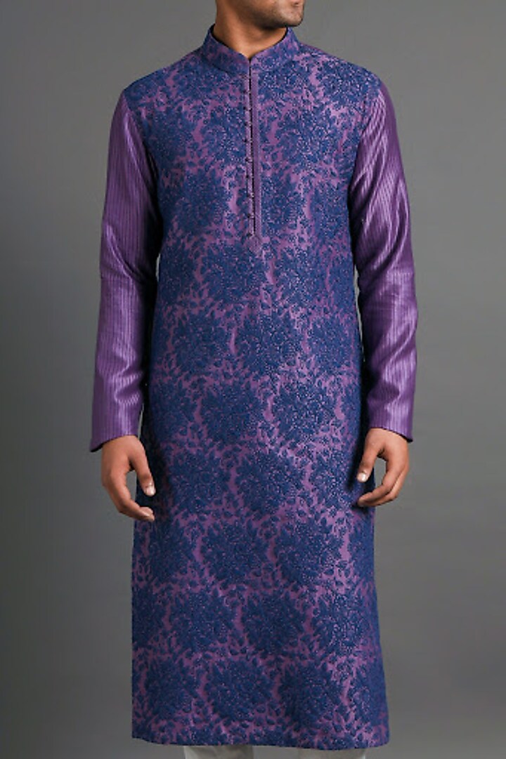 Blue & Violet Cotton Silk Motif Embroidered Kurta Set by Dhruv Vaish at Pernia's Pop Up Shop