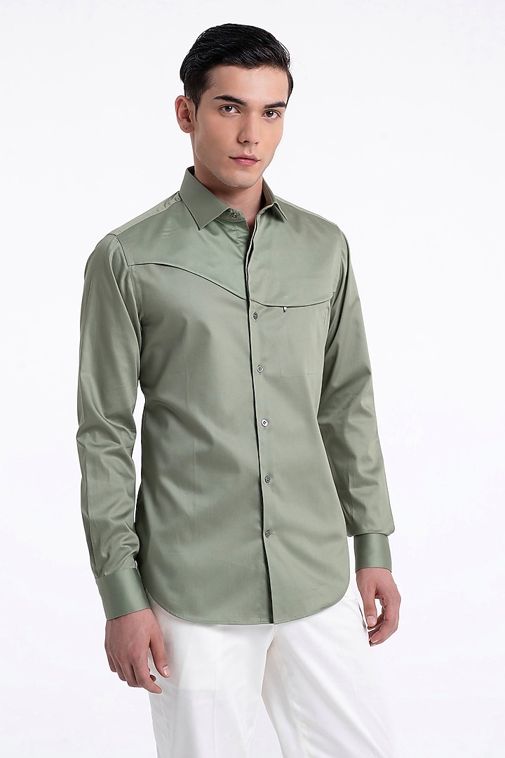 Sage Cotton Satin Party Wear Shirt by Dhruv Vaish at Pernia's Pop Up Shop